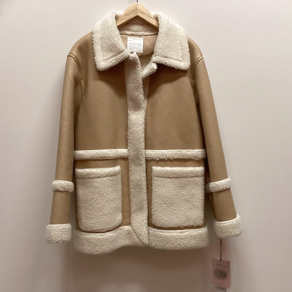 AVEC LES FILLES Colorblock Faux Shearling Snap Button Jacket Coat Tan Size Large - Picture 4 of 16